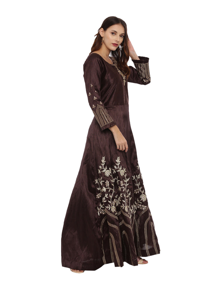 Neerus Brown silk embroidered anarkali suit set - side view