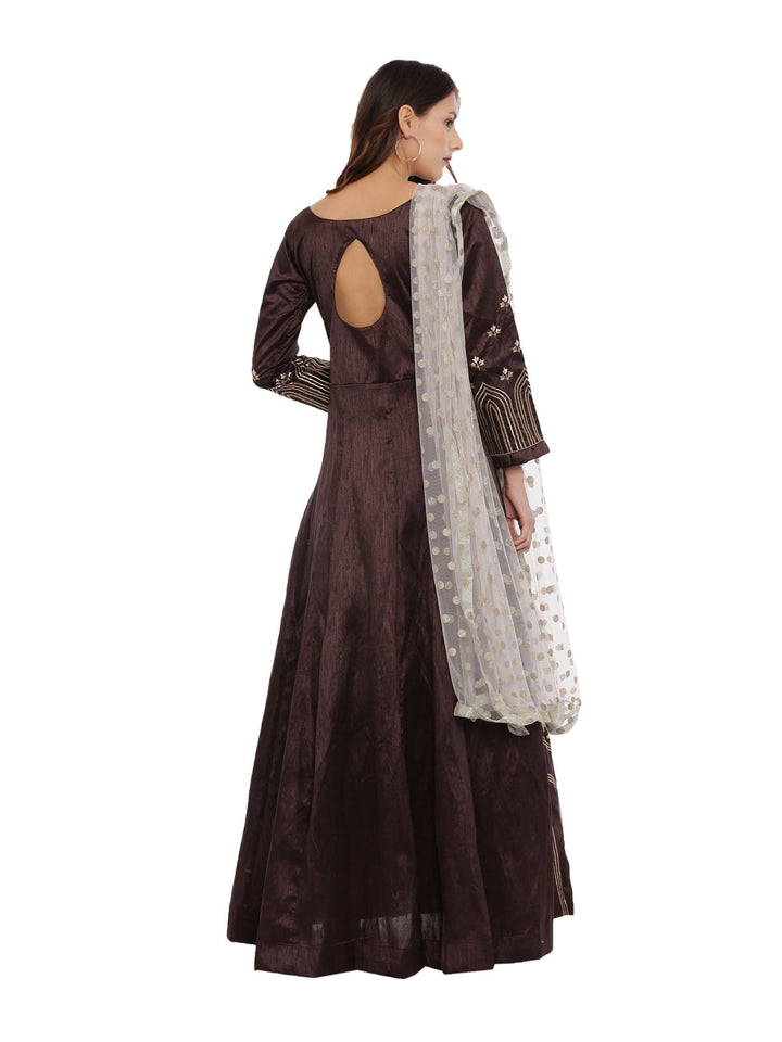 Neerus Brown silk embroidered anarkali suit set - detail view 1