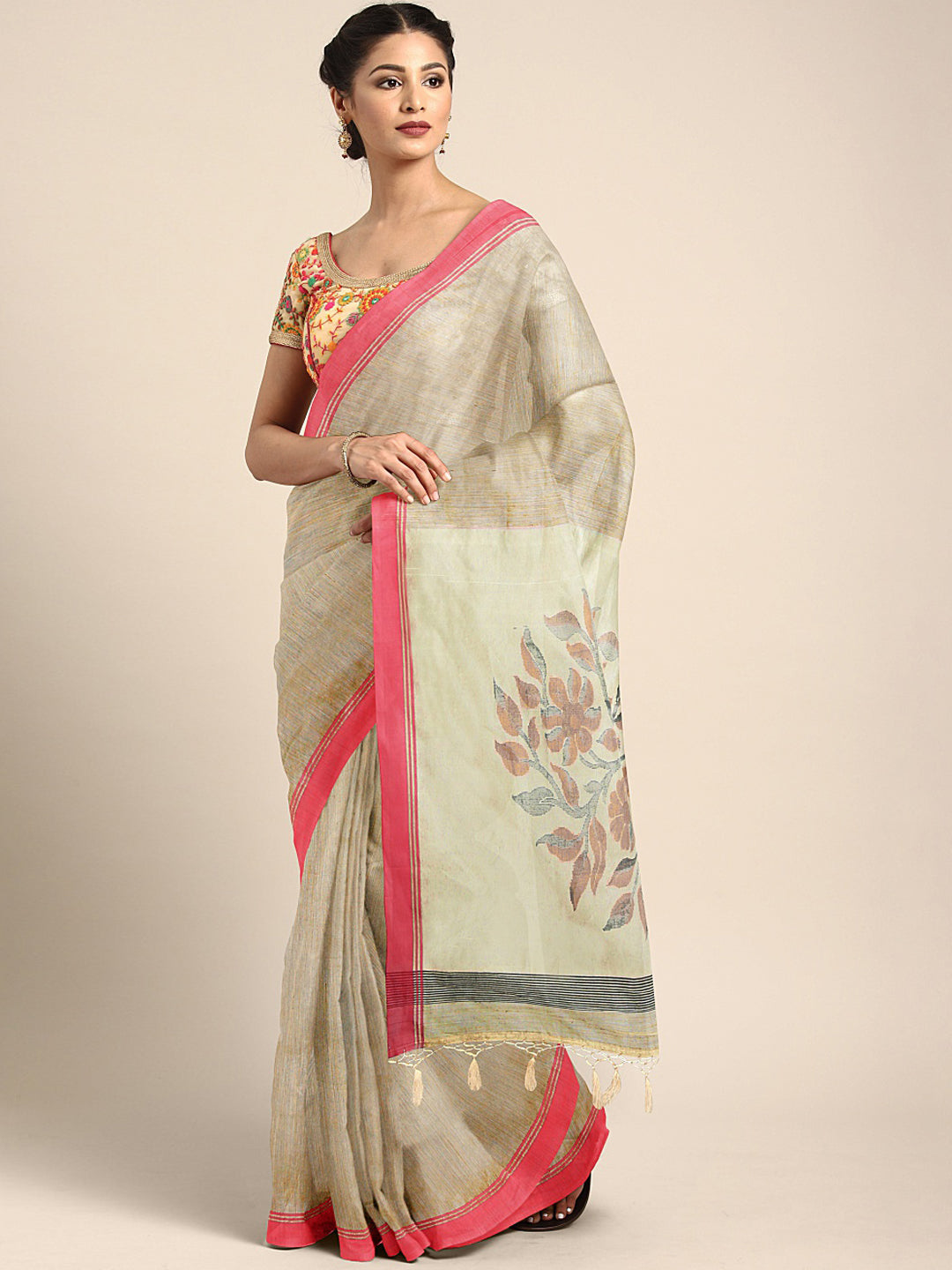 Neerus Beige Chanderi woven saree - front view