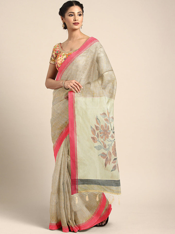 Neerus Beige Chanderi woven saree - front view