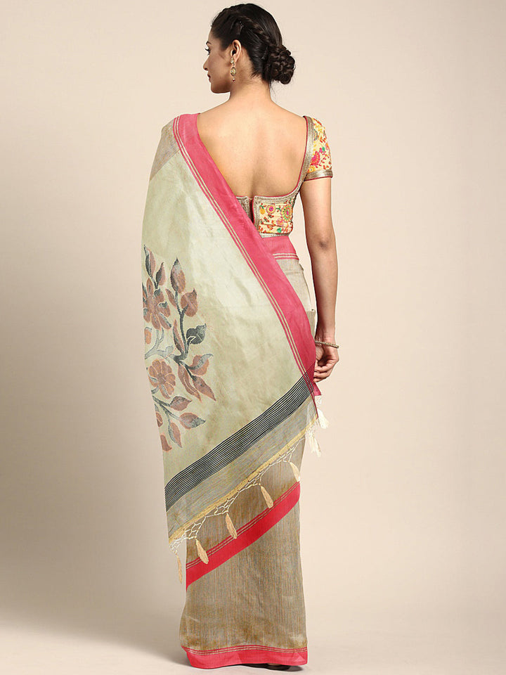 Neerus Beige Chanderi woven saree - back view