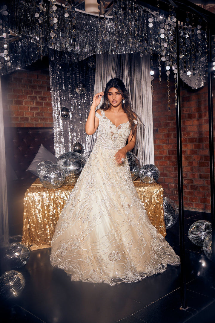 Neerus Ivory georgette embroidered gown - side view