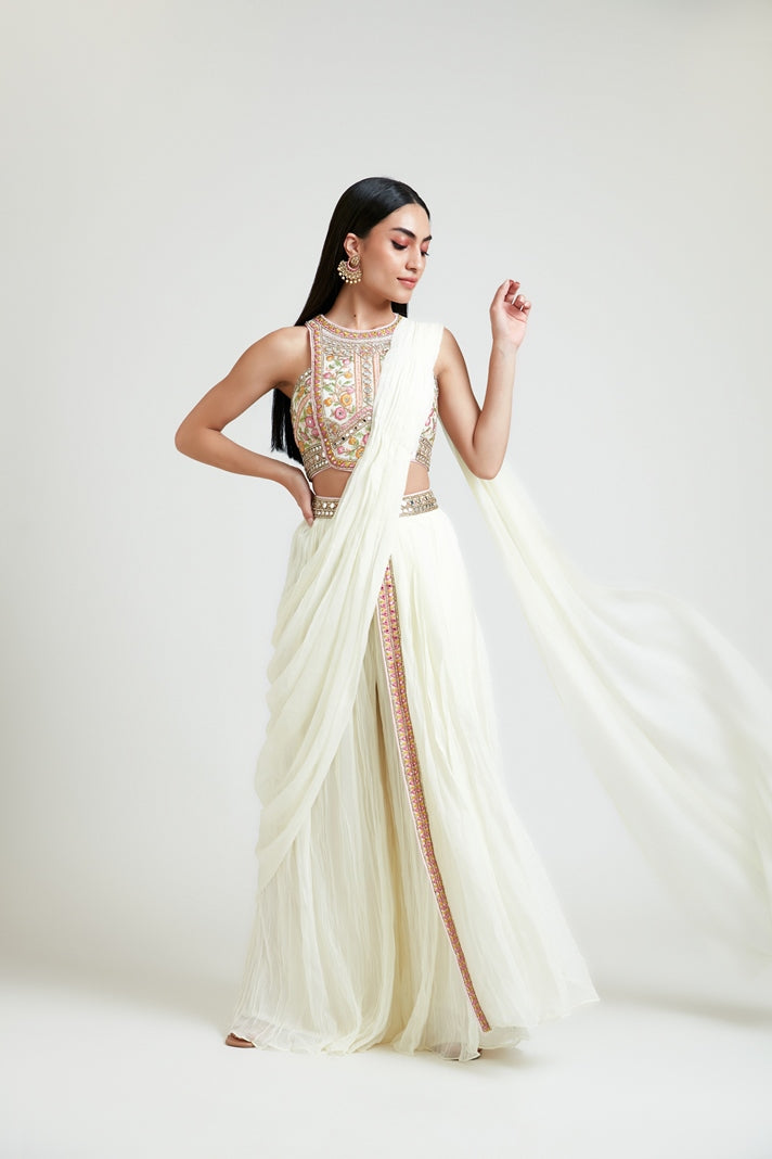 Neerus Beige georgette embellished lehenga set - front view