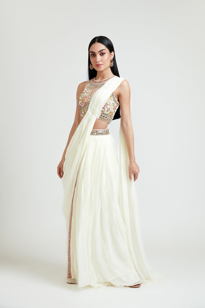 Neerus Beige georgette embellished lehenga set - back view