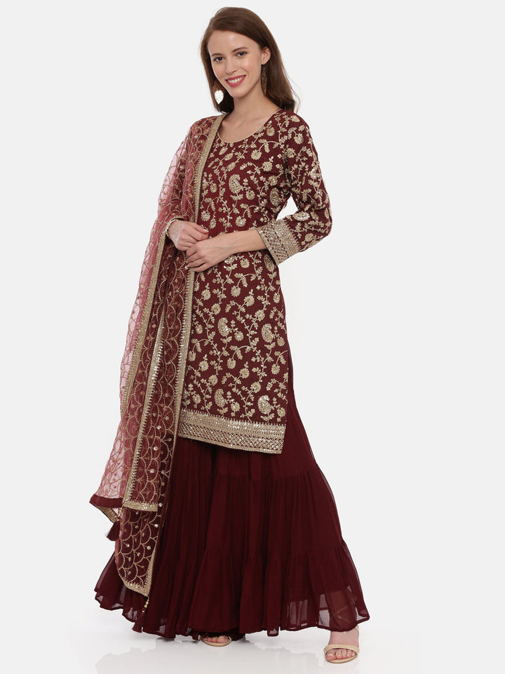Neerus Maroon muslin suit gharara set - front view