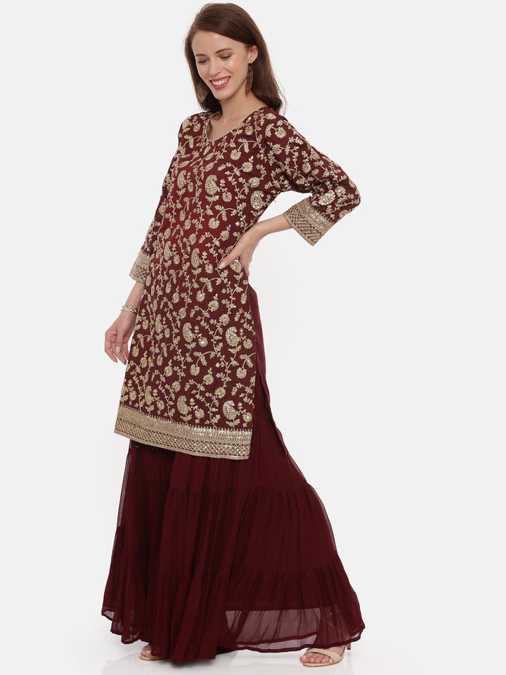 Neerus Maroon muslin suit gharara set - detail view 2