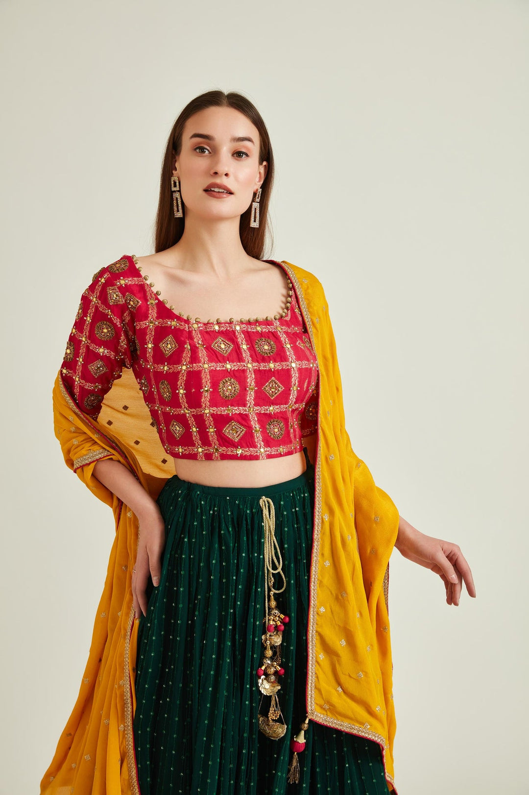 Neerus Green georgette embellished lehenga set - side view