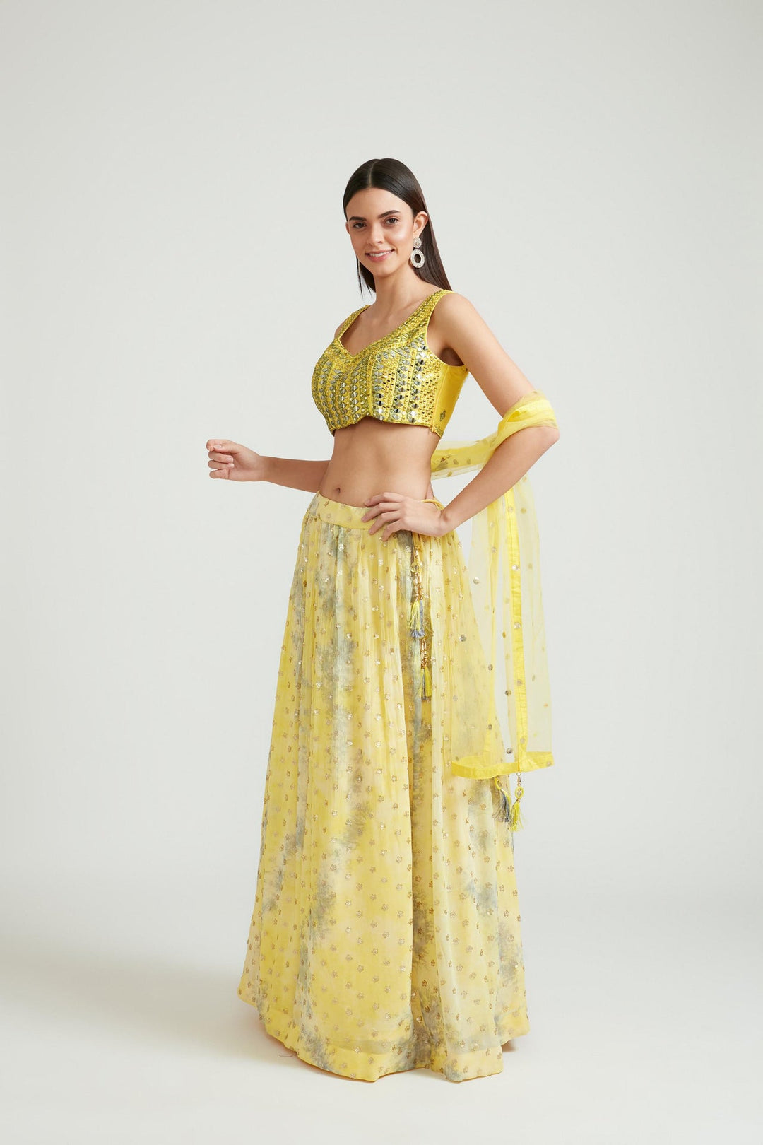 Neerus Yellow georgette embellished lehenga choli set - front view