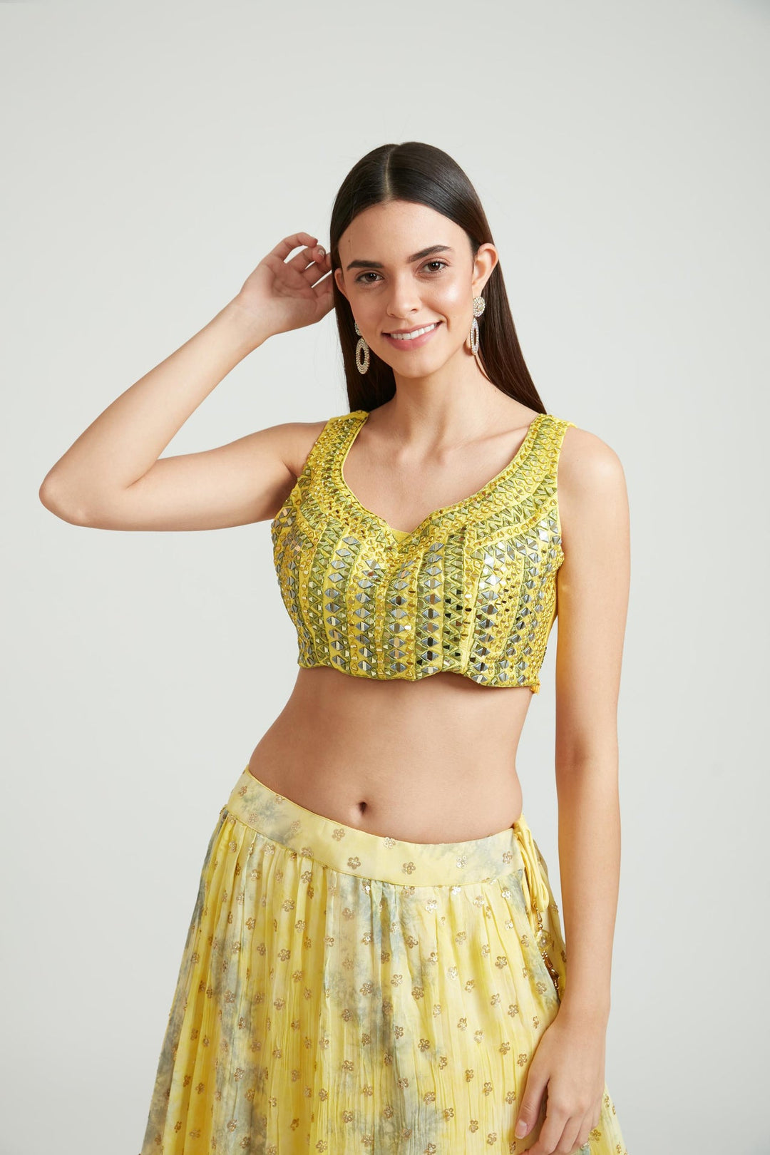 Neerus Yellow georgette embellished lehenga choli set - side view