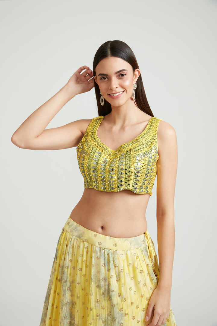 Neerus Yellow georgette embellished lehenga choli set - side view