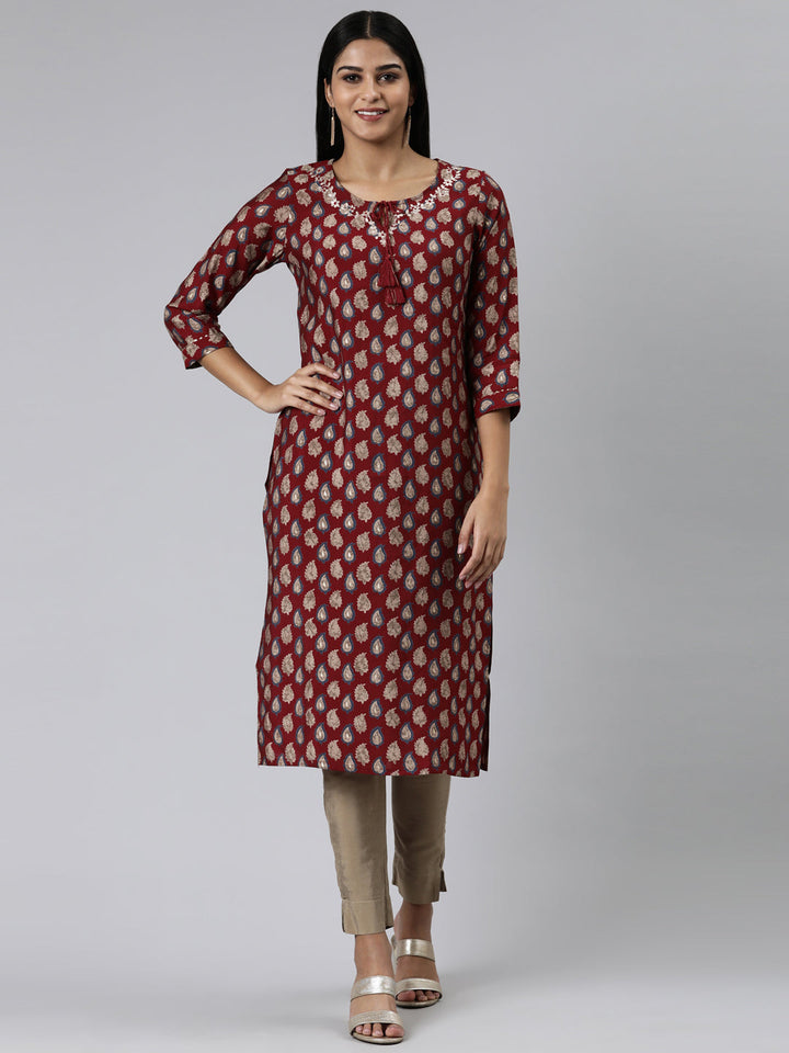 Neerus Maroon modal printed straight kurti - front view