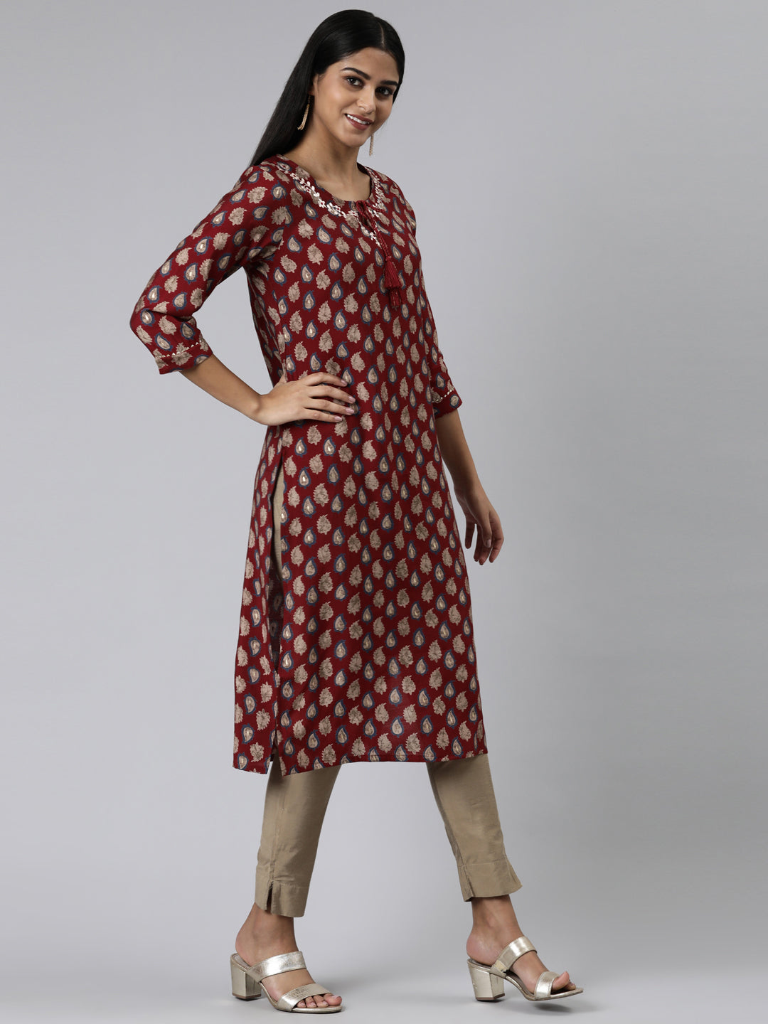 Neerus Maroon modal printed straight kurti - back view
