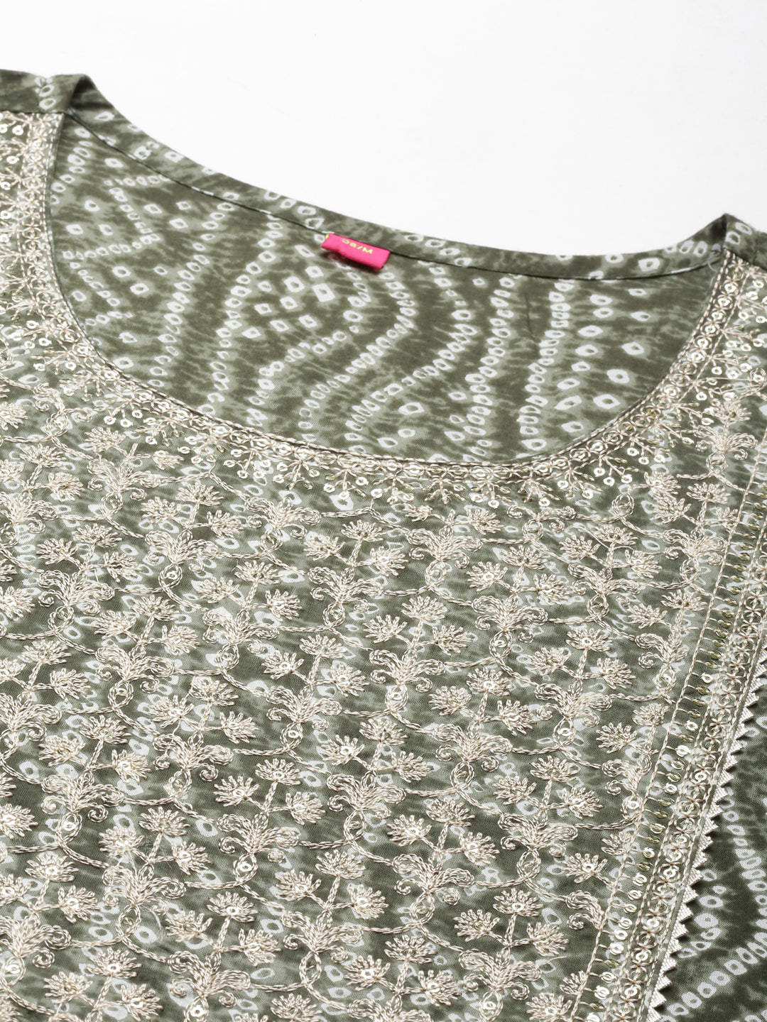 Neerus Green cotton embroidered straight kurti - detail view 3