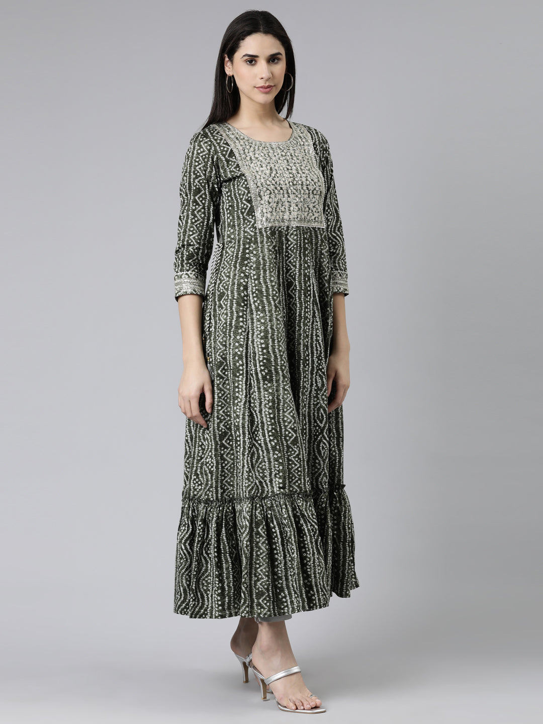 Neerus Green cotton embroidered straight kurti - back view