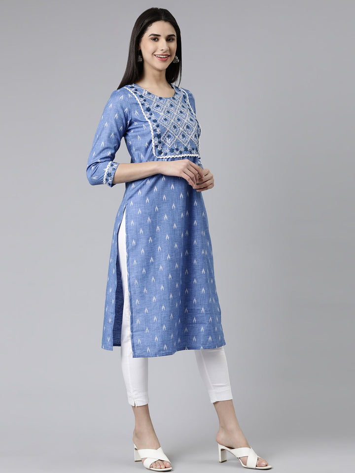 Neerus Blue cotton printed straight kurti - back view