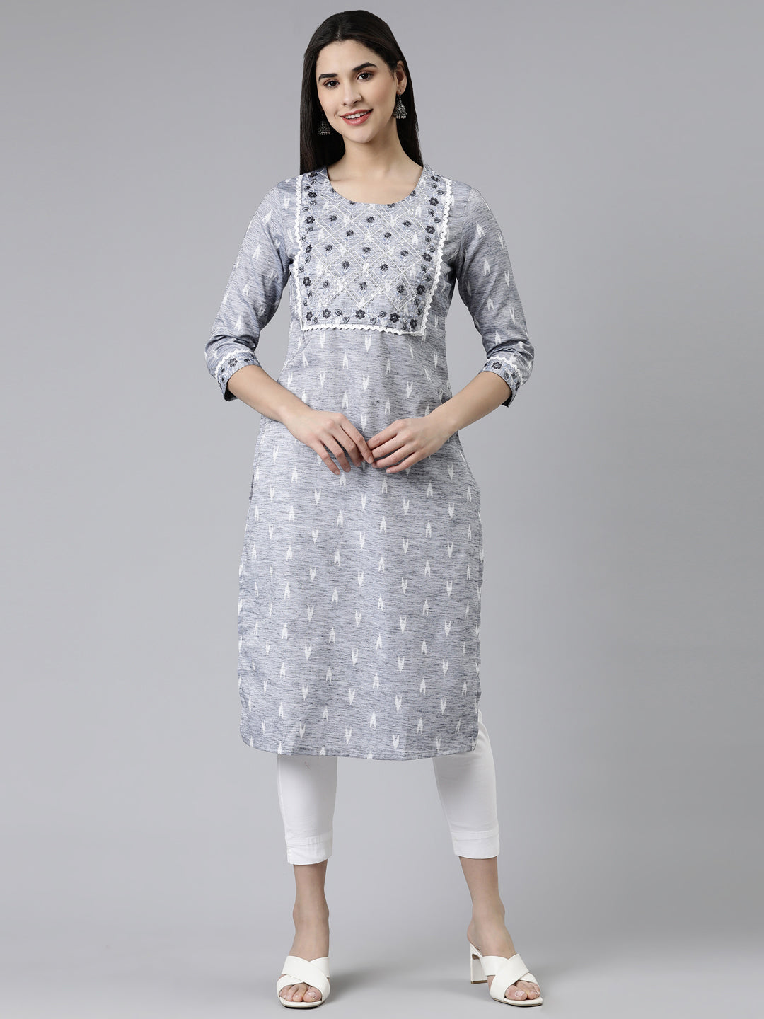 Neerus Blue cotton printed straight kurti - front view