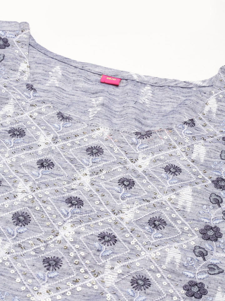 Neerus Blue cotton printed straight kurti - detail view 3
