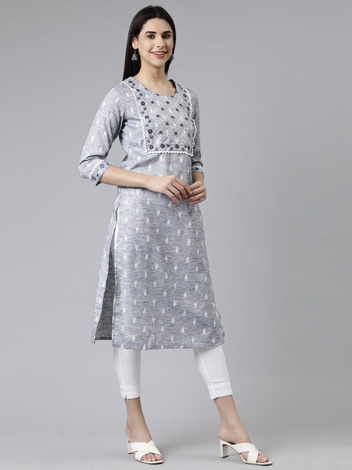 Neerus Blue cotton printed straight kurti - back view