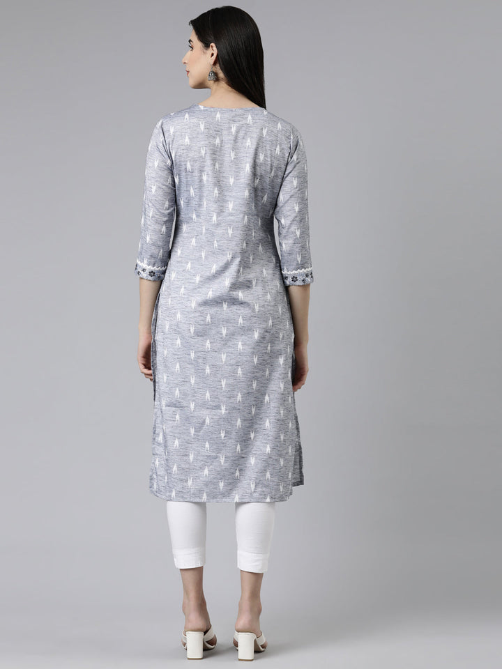 Neerus Blue cotton printed straight kurti - side view