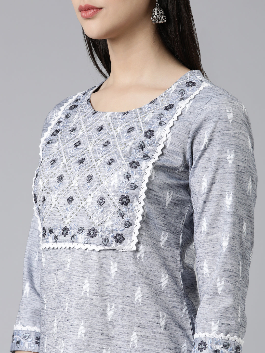 Neerus Blue cotton printed straight kurti - detail view 1
