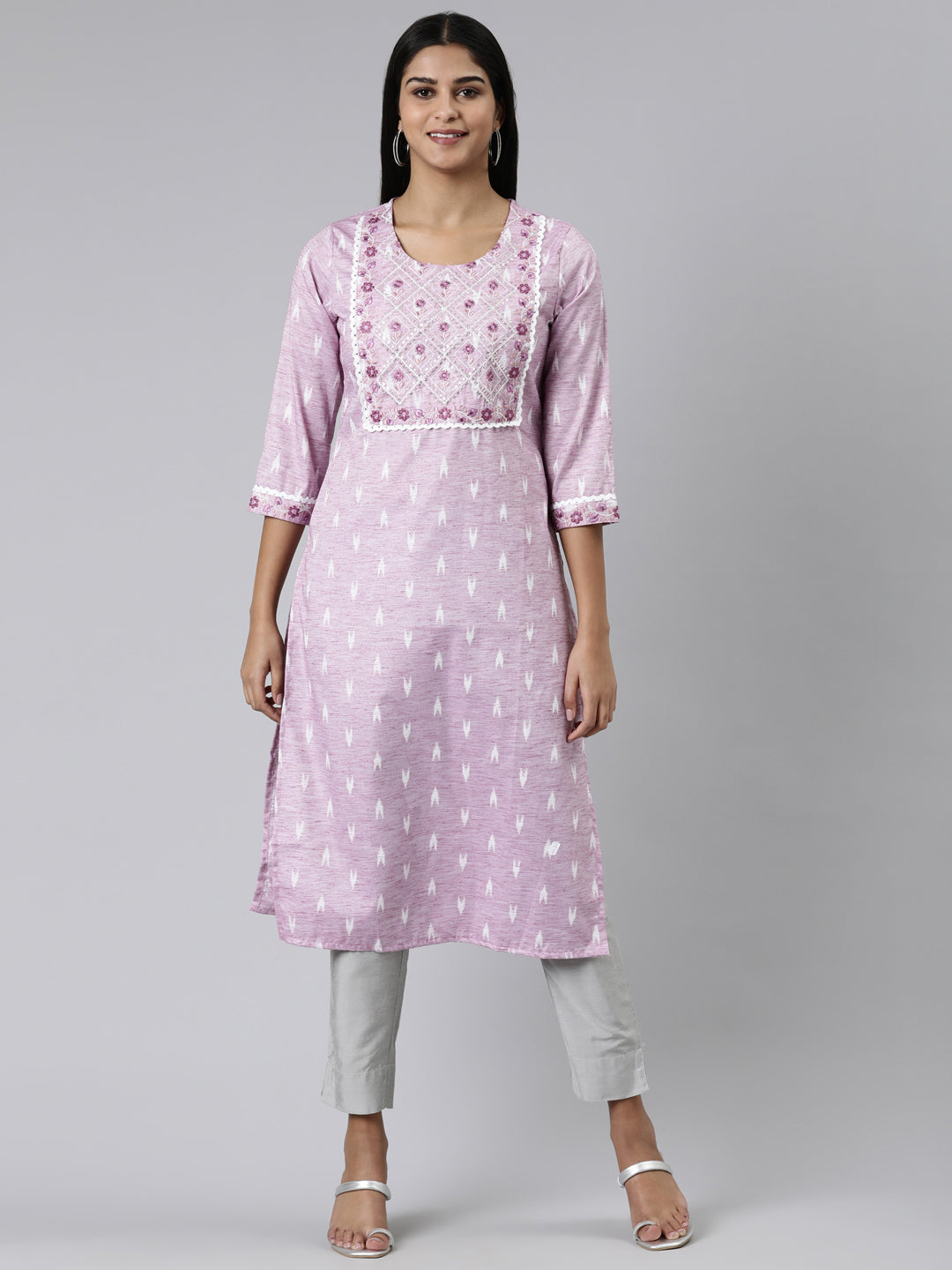 Neerus Pink viscose rayon printed straight kurti - front view