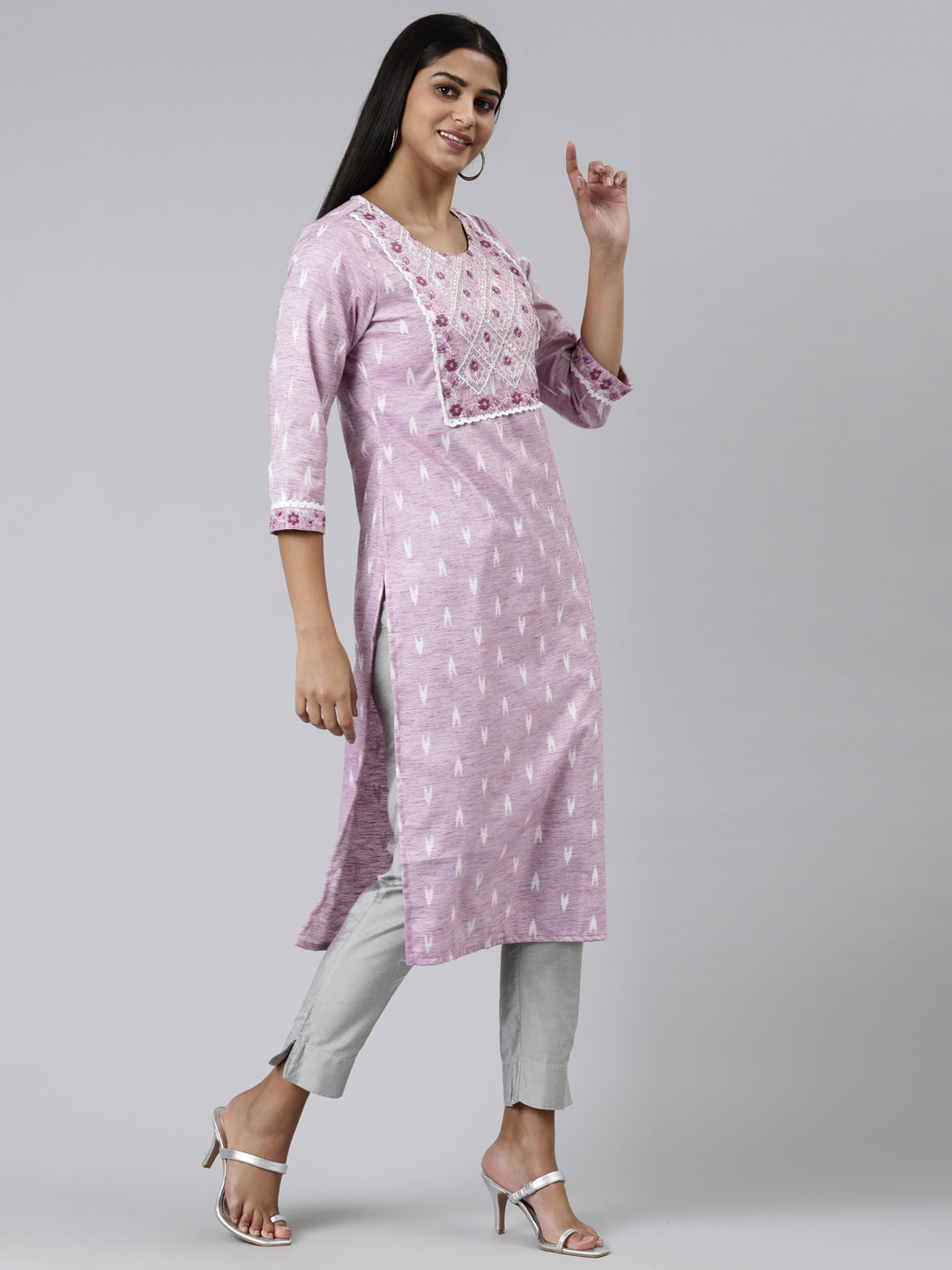 Neerus Pink viscose rayon printed straight kurti - back view