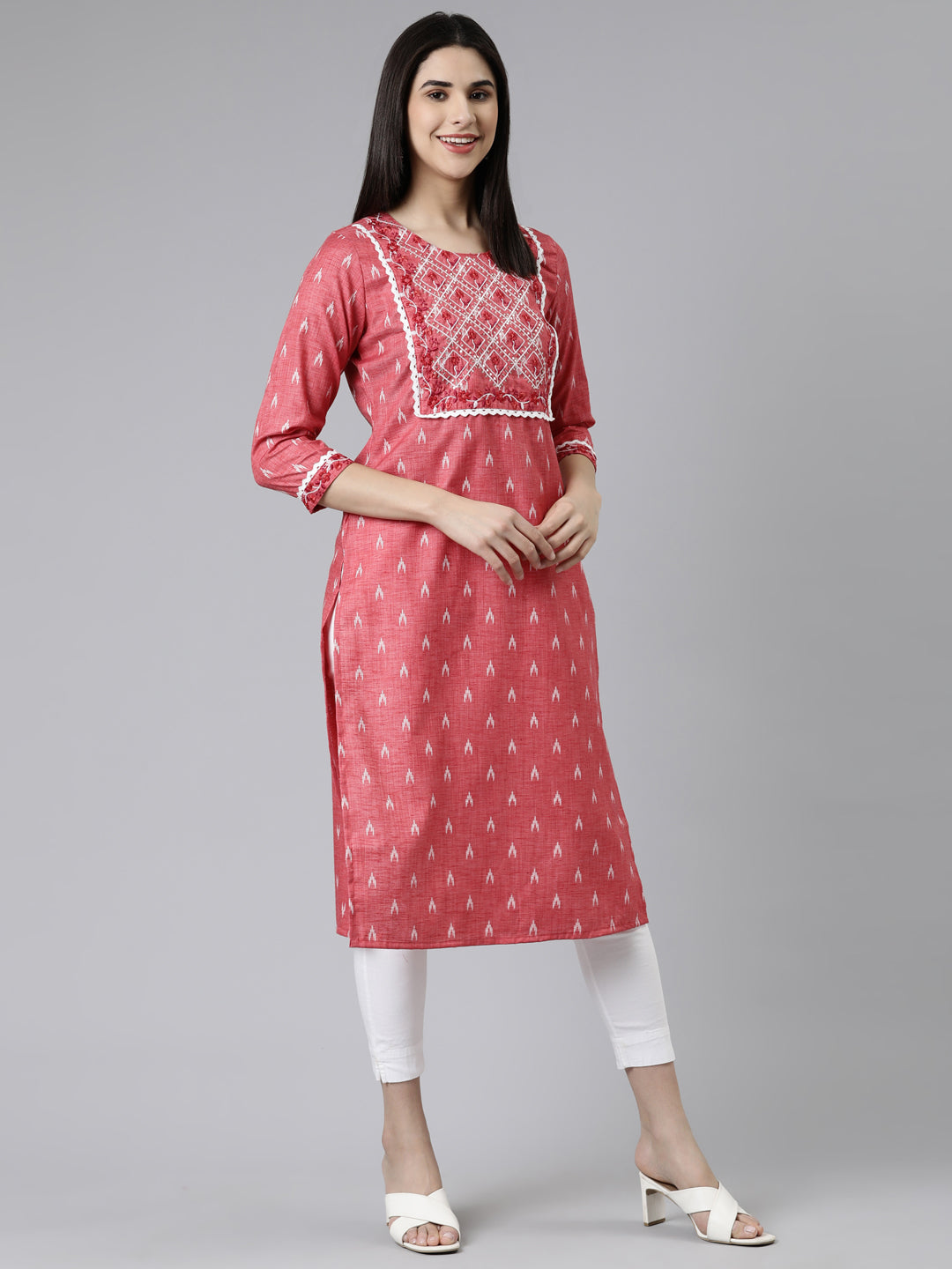 Neerus Red cotton printed straight kurti - back view