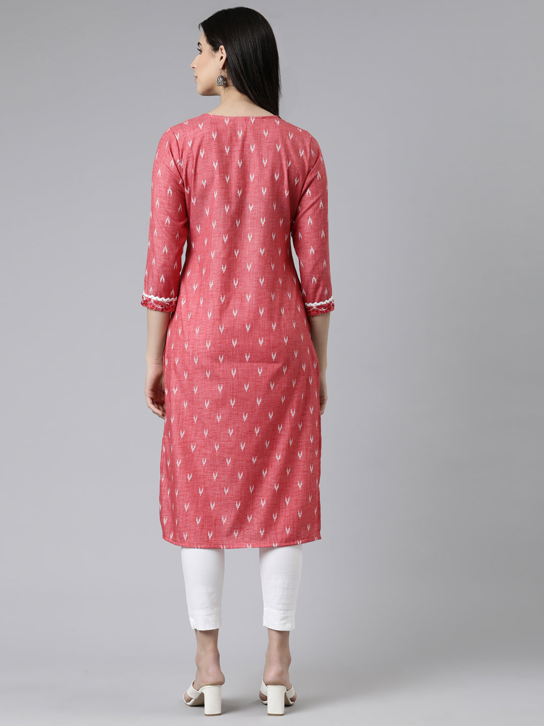 Neerus Red cotton printed straight kurti - side view