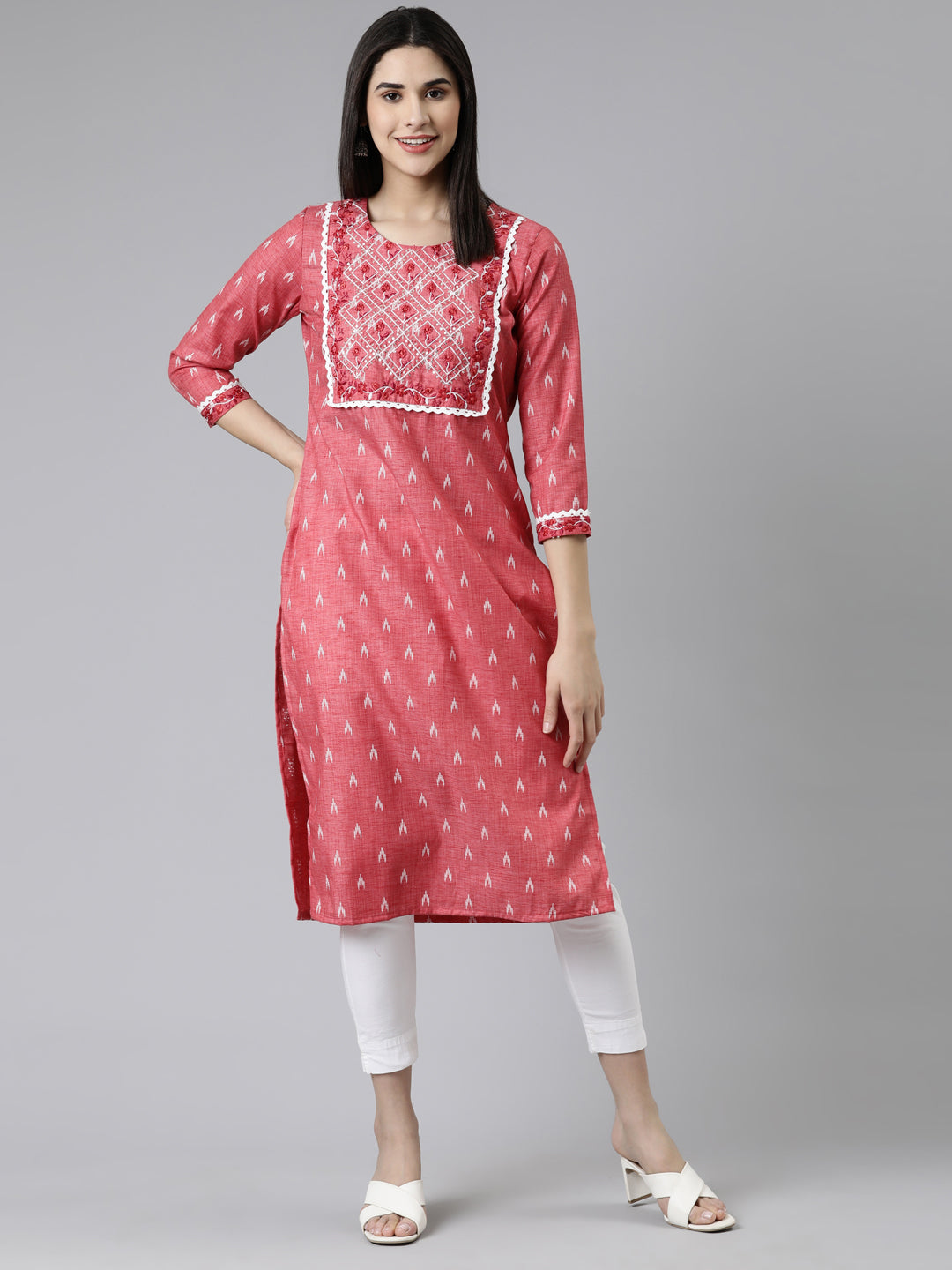 Neerus Red cotton printed straight kurti - front view