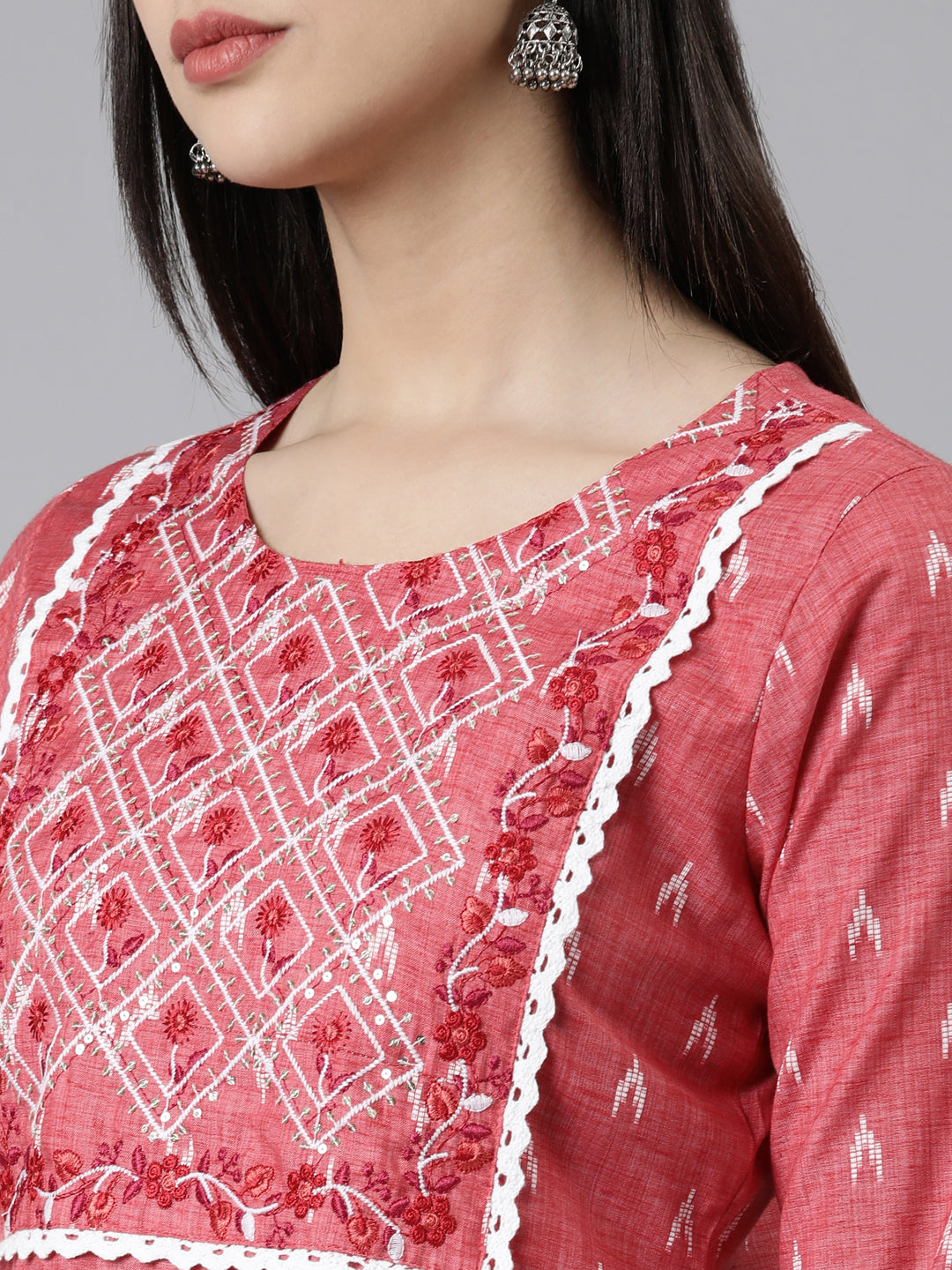 Neerus Red cotton printed straight kurti - detail view 1