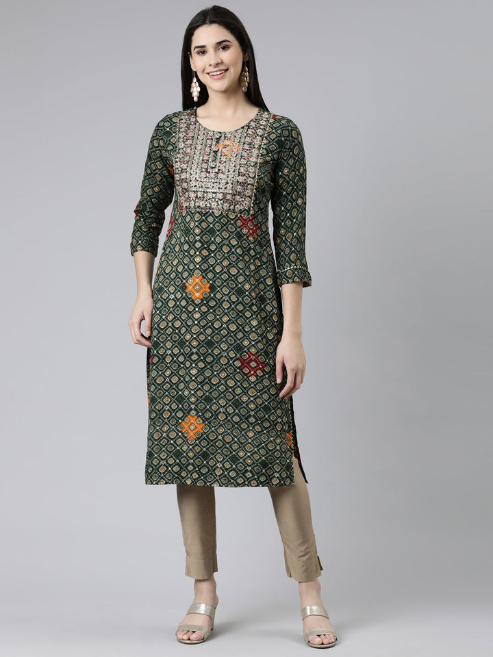 Neerus Green cotton printed straight kurti - front view