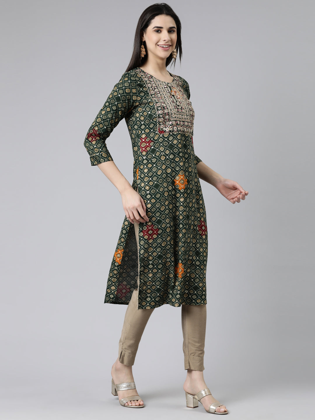 Neerus Green cotton printed straight kurti - back view