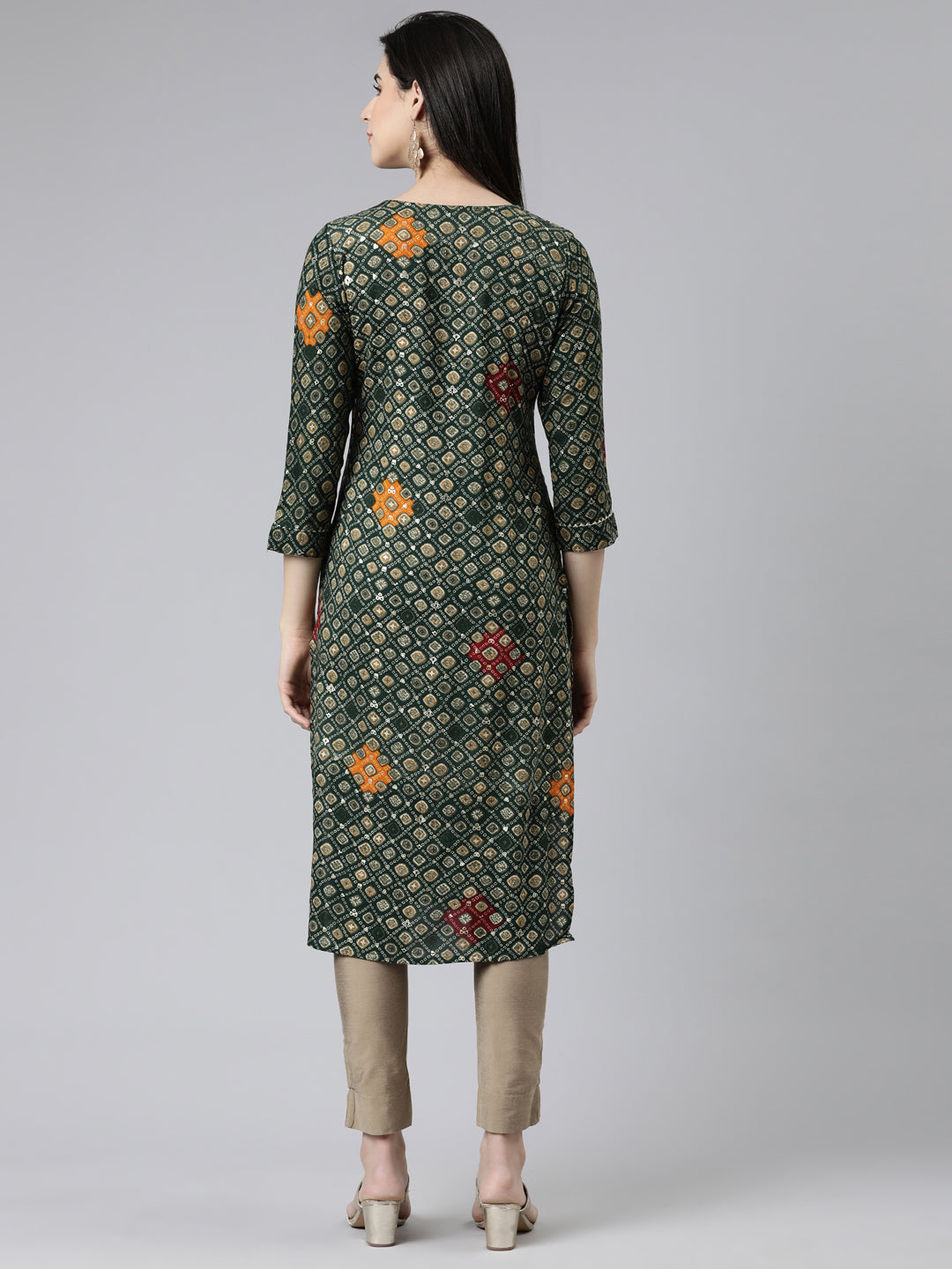 Neerus Green cotton printed straight kurti - side view