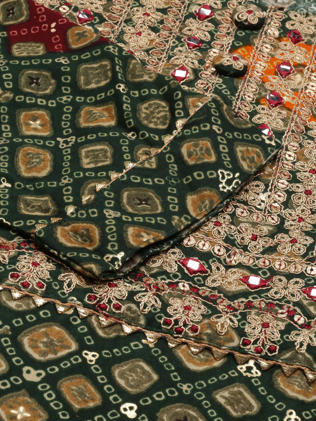 Neerus Green cotton printed straight kurti - detail view 2