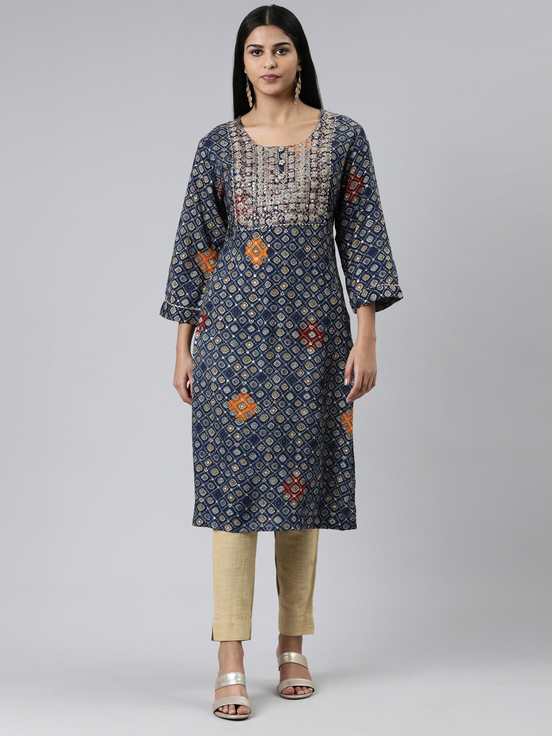 Neerus Blue viscose rayon embroidered kurti - front view