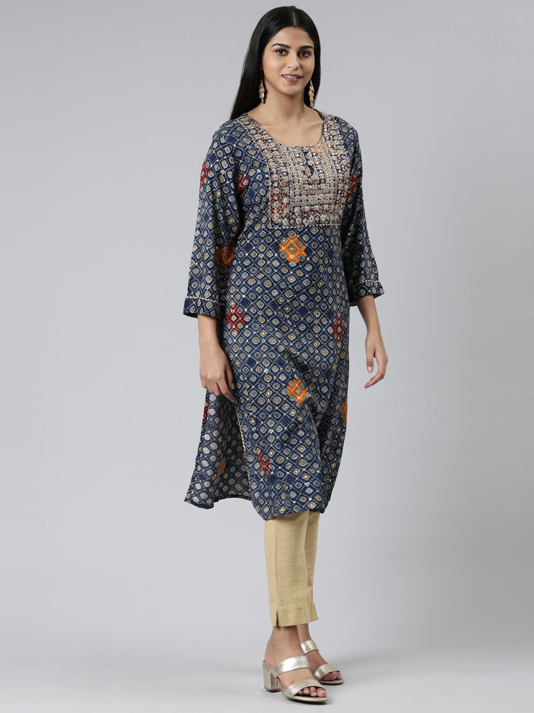 Neerus Blue viscose rayon embroidered kurti - back view