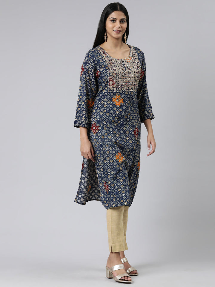 Neerus Blue viscose rayon embroidered kurti - back view