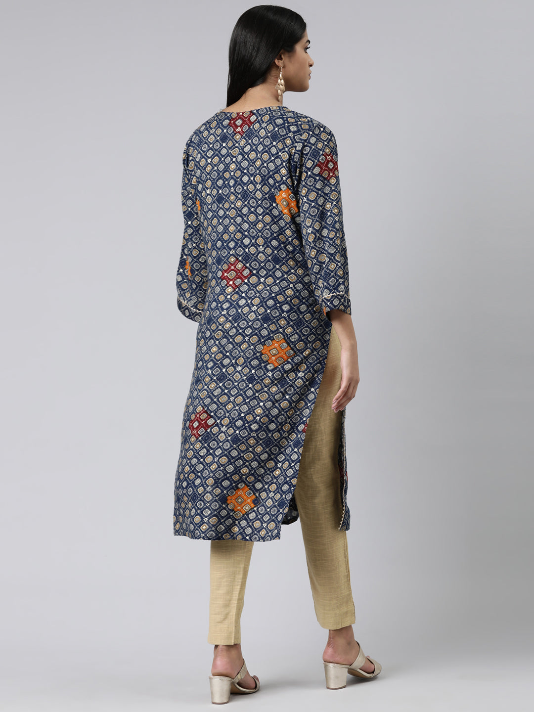 Neerus Blue viscose rayon embroidered kurti - side view