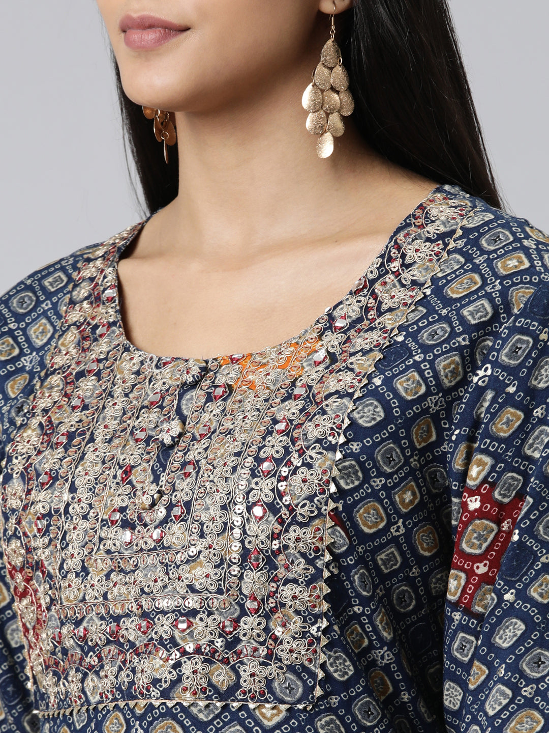 Neerus Blue viscose rayon embroidered kurti - detail view 1