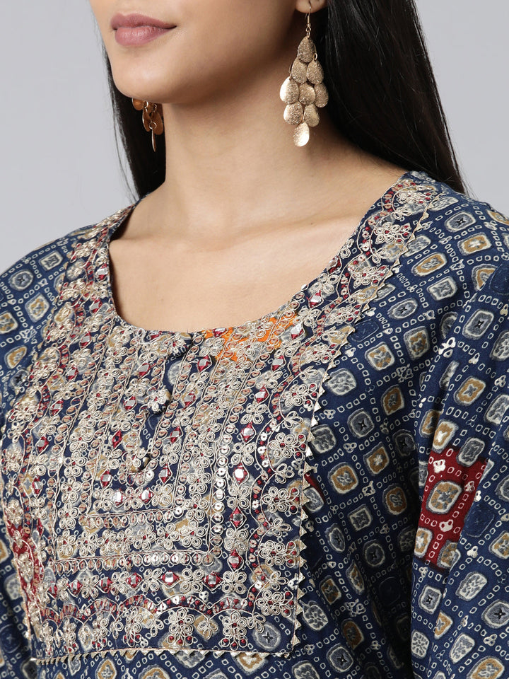 Neerus Blue viscose rayon embroidered kurti - detail view 1