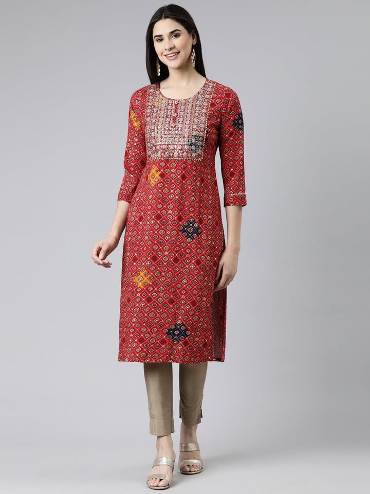 Neerus Red cotton printed straight kurti - front view