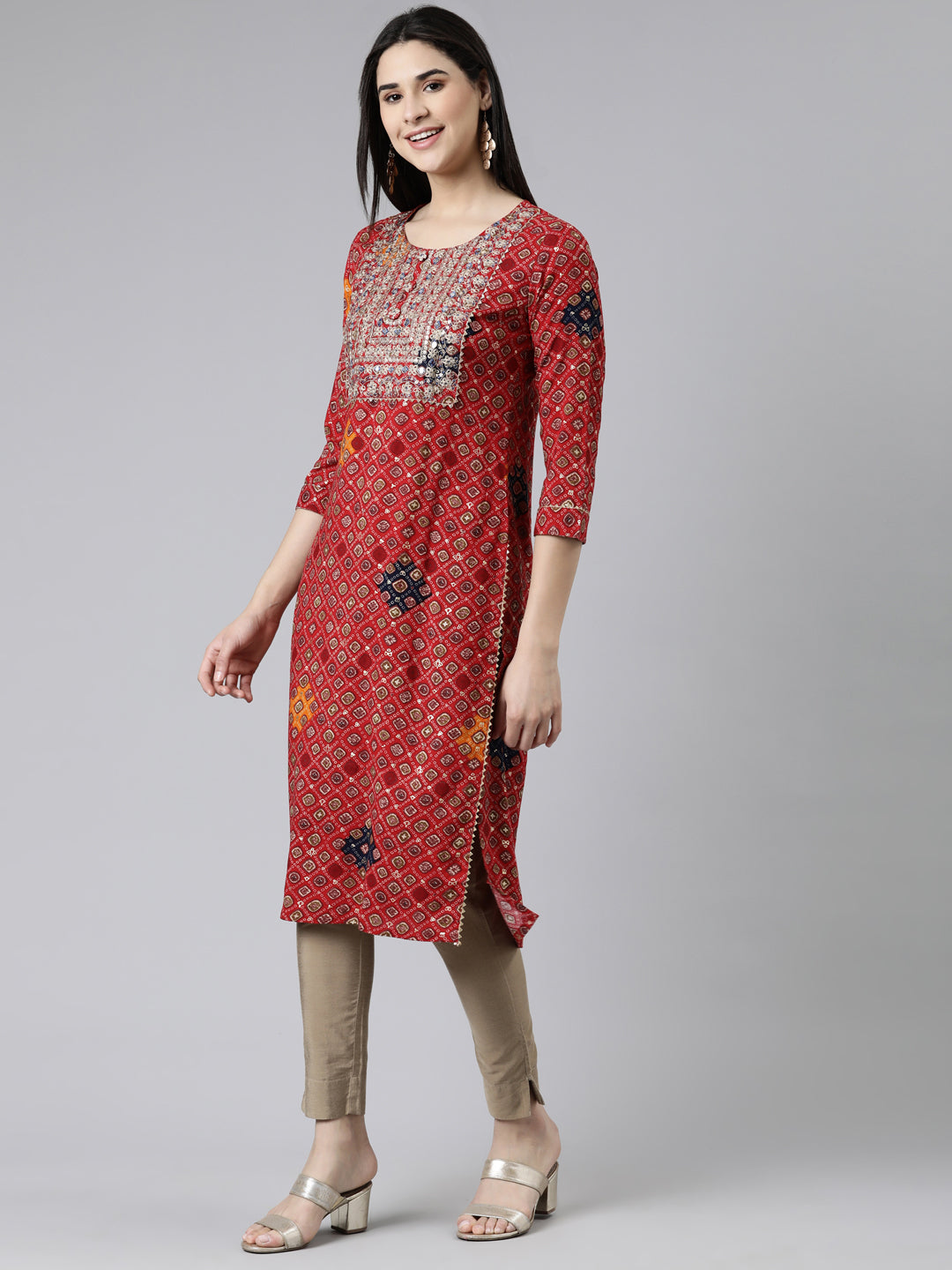 Neerus Red cotton printed straight kurti - back view