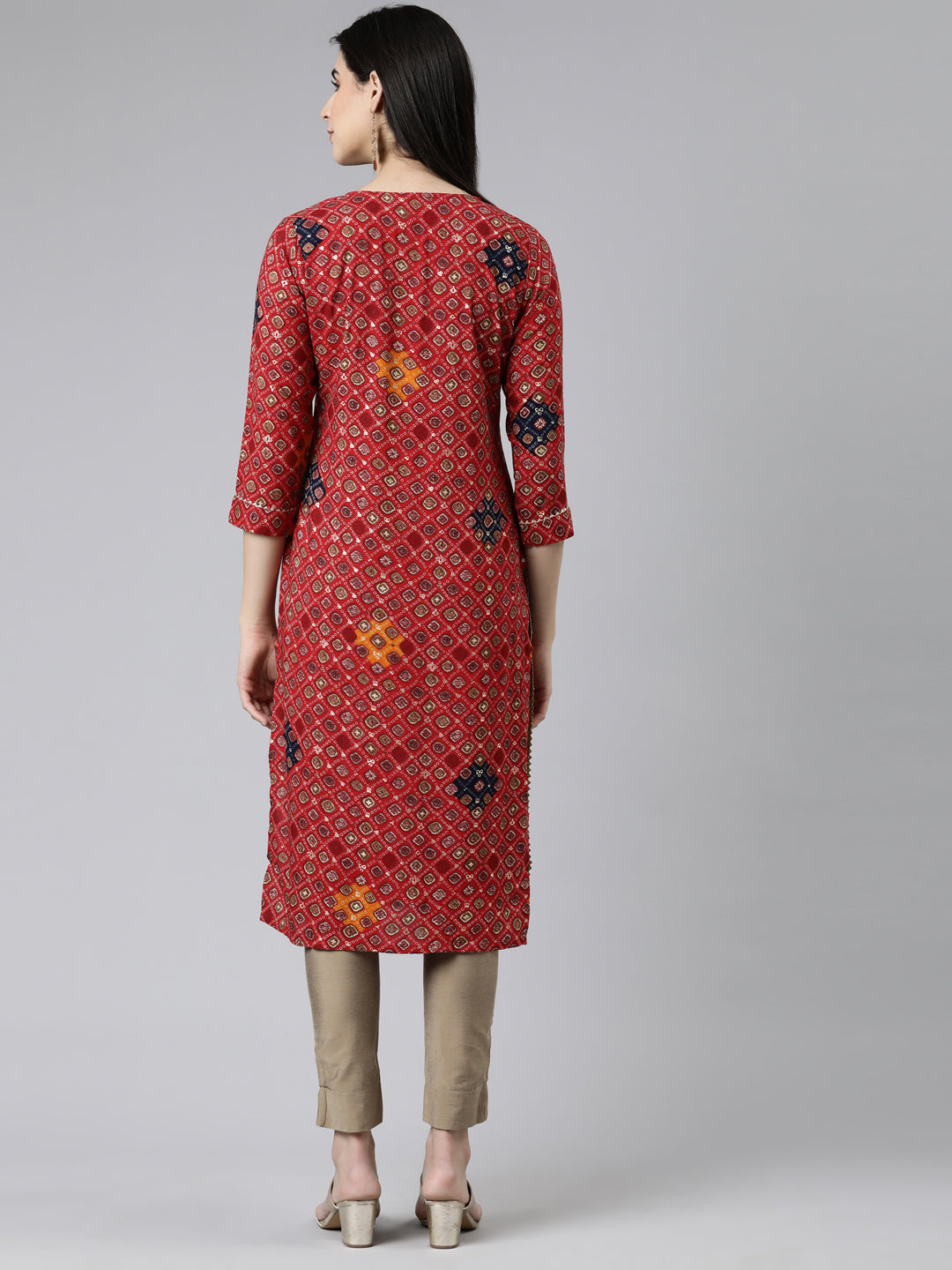 Neerus Red cotton printed straight kurti - side view