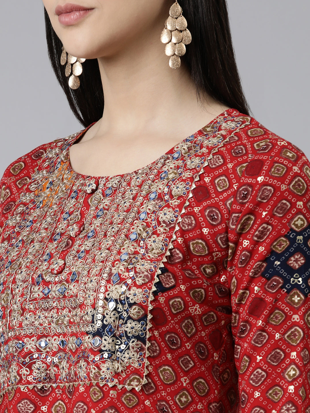 Neerus Red cotton printed straight kurti - detail view 1