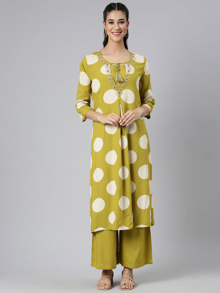 Neerus Green Casual Printed Straight Kurta and Palazzos
