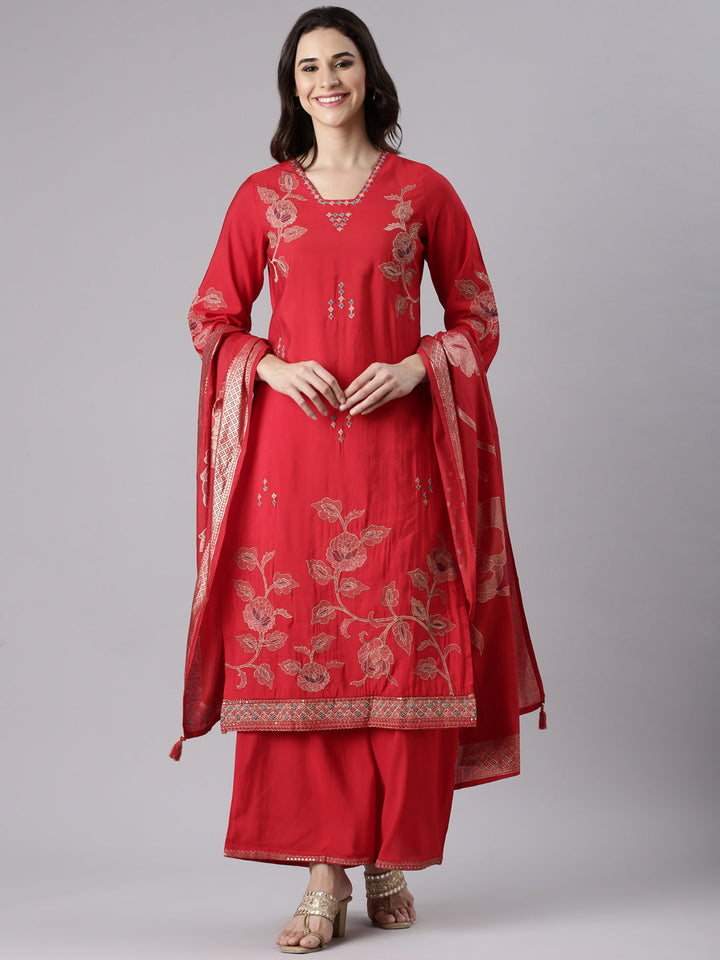 Red Dola Silk Embroidered Three Piece Set