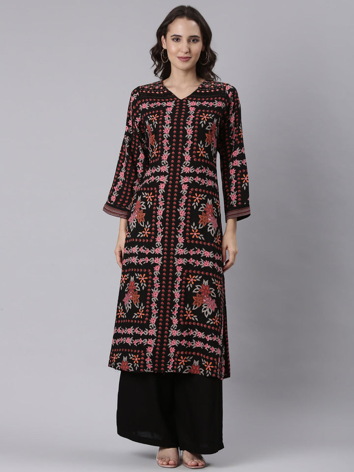 Black Rayon Printed With Palazzo Two Piece Set