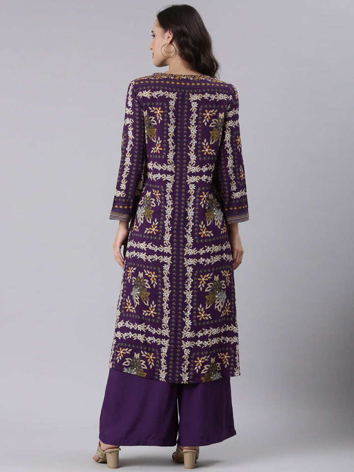 Purple Rayon Printed With Palazzo Two Piece Set