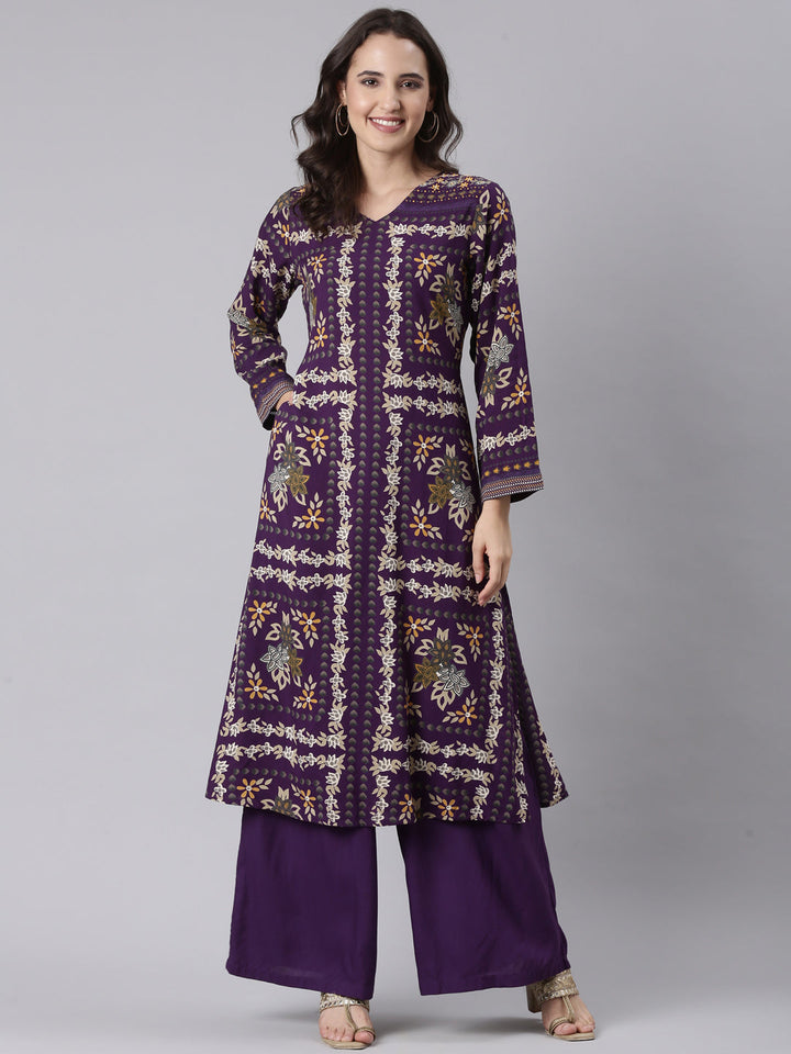 Purple Rayon Printed With Palazzo Two Piece Set