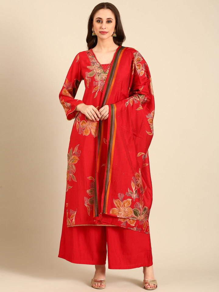 Neerus Red muslin mirror work suit set - front view